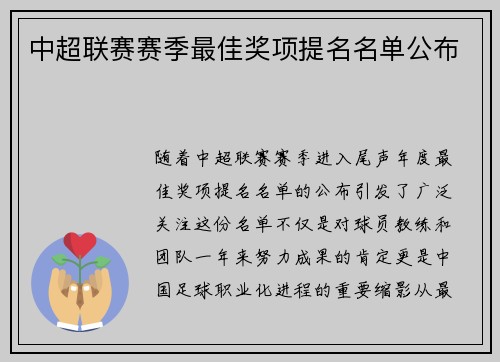 中超联赛赛季最佳奖项提名名单公布