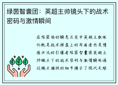绿茵智囊团：英超主帅镜头下的战术密码与激情瞬间